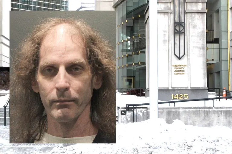 mug shot over laid on Arlington court house