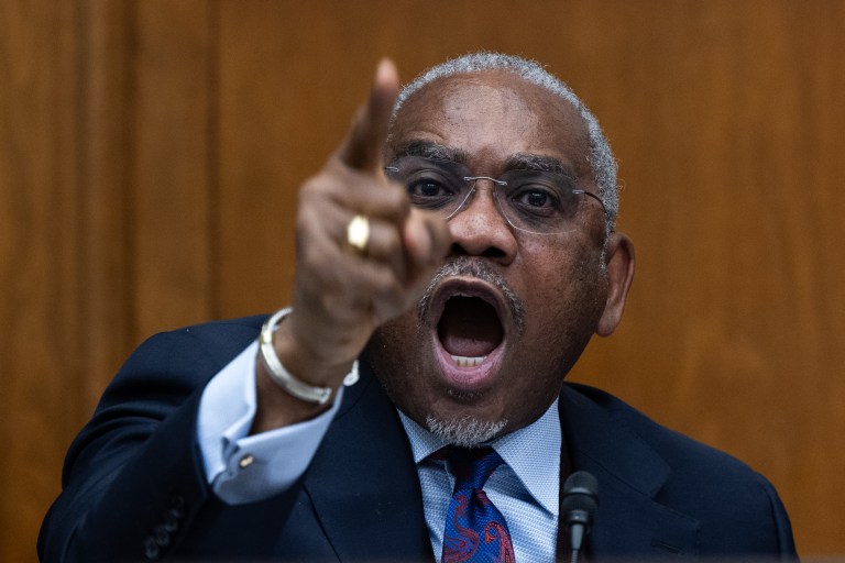 Democratic Rep. Gregory Meeks of New York engages in a heated exchange with Treasury Secretary Scott Bessent. Photo by Graeme Jennings.