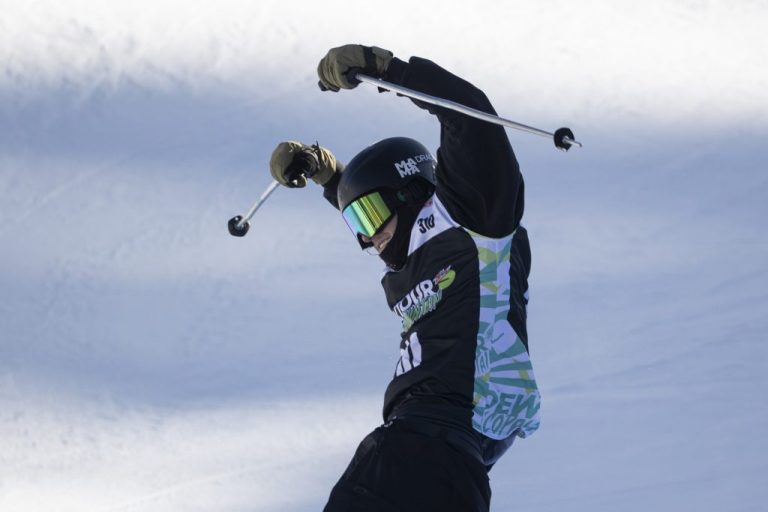 Hunter Hess of the United States reacts in the halfpipe finals during the Dew Tour freestyle skiing event.
