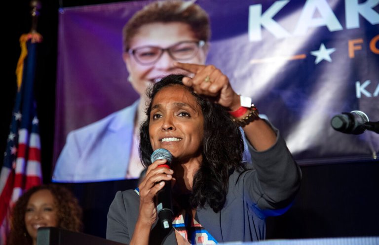 Los Angeles City Council Member Nithya Raman speaks during the Karen Bass election night party at the W Hotel Tuesday, June 7, 2022, in Hollywood.