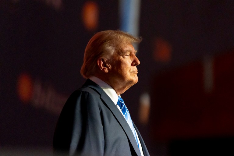 Republican presidential candidate former President Donald Trump arrives to speak at the Bitcoin 2024 conference, Saturday, July 27, 2024, in Nashville, Tenn. (AP Photo/Alex Brandon)