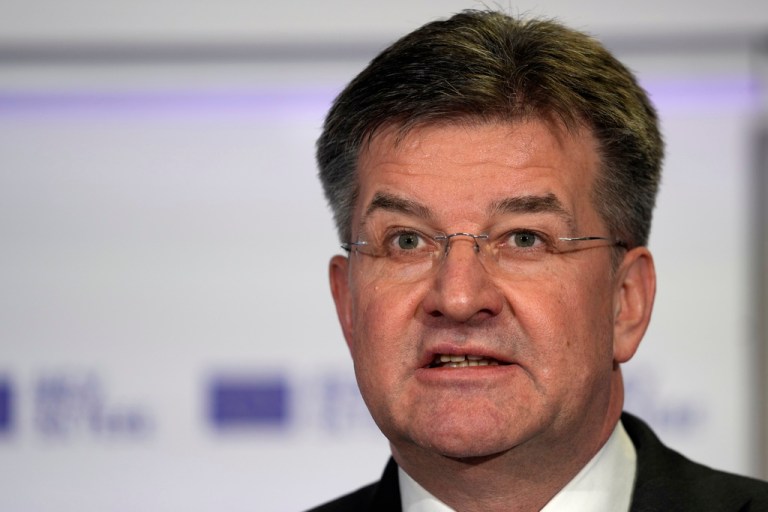 FILE - European Union envoy for the Western Balkans Miroslav Lajcak, speaks during a joint press conference with U.S. Deputy Assistant Secretary Gabriel Escobar in Belgrade, Serbia, on Feb. 3, 2022. (AP Photo/Darko Vojinovicm, File)