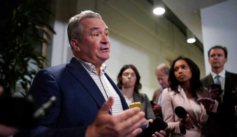 Rep. Don Bacon (R-NE) speaks following a closed-door GOP meeting at the Capitol in Washington, Oct. 16, 2023.