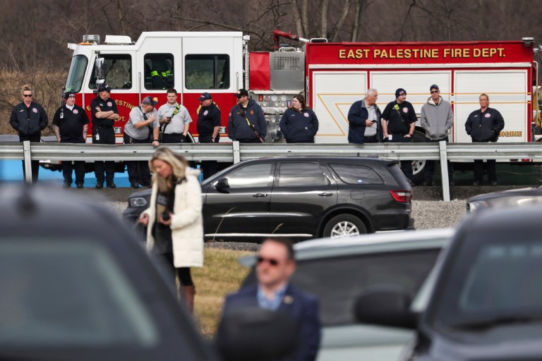 Vice President JD Vance and second lady Usha Vance visit the site of a 2023 train derailment in East Palestine, Ohio.