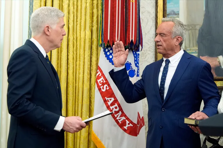 Supreme Court Associate Justice Neil Gorsuch swears in Robert F. Kennedy Jr., as Health and Human Services Secretary in the Oval Office at the White House, Thursday, Feb. 13, 2025, in Washington. (Photo/Alex Brandon)