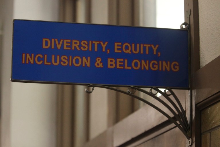 The sign above the door to the Office of Diversity, Equity, Inclusion and Belonging inside the main administration building on the main University of Kansas campus is seen on Friday, April 12, 2024, in Lawrence, Kan.