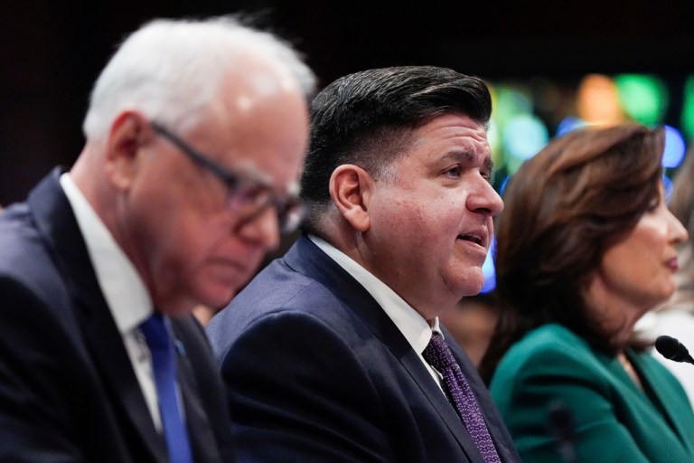 Illinois Gov. JB Pritzker, center, speaks, as Minnesota Gov. Tim Walz, left, and New York Gov. Kathy Hochul, right, sit nearby during a House Committee on Oversight and Government Reform hearing, Thursday, June 12, 2025, at the U.S. Capitol in Washington. (AP Photo/Julia Demaree Nikhinson)