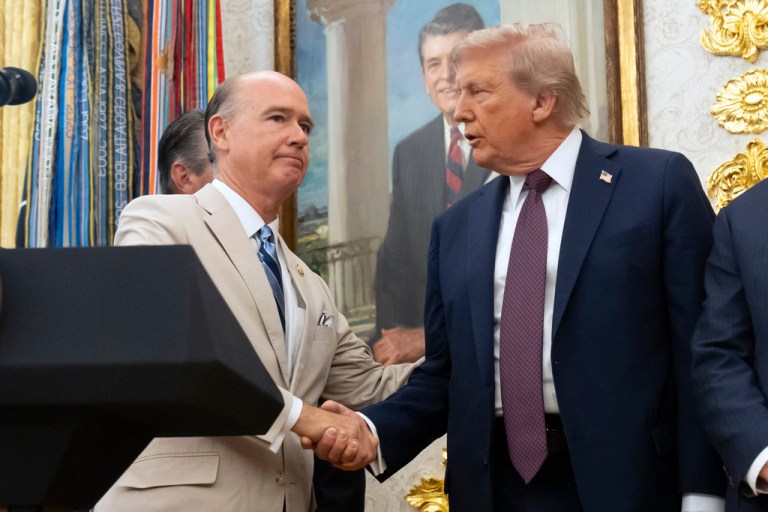 Rep. Robert Aderholt, R-Ala., shakes hands with President Donald Trump listens in the Oval Office at the White House, Sept. 2, 2025, in Washington.