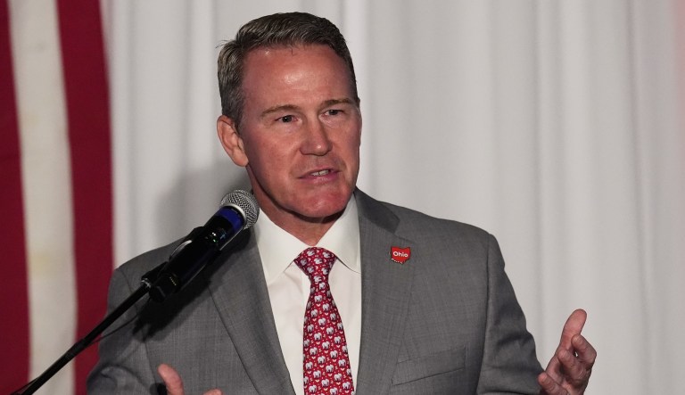 U.S. Sen. Jon Husted, candidate for Senate in 2026, speaks in Columbus, Monday, Sept. 22, 2025. (AP Photo/Sue Ogrocki)
