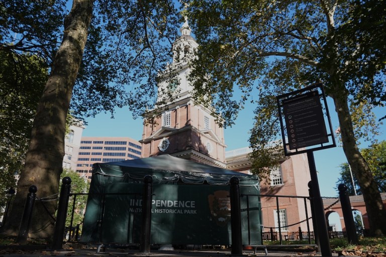 An entrance to Independence Hall is barricaded, in Philadelphia, Wednesday, Oct. 1, 2025. (AP Photo/Matt Rourke)