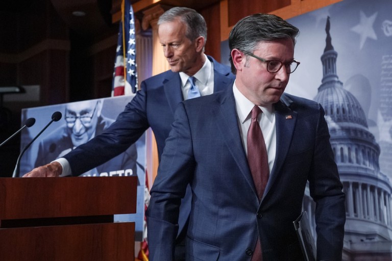 Senate Majority Leader John Thune, R-S.D., left, and Speaker of the House Mike Johnson, R-La., depart a news conference as the government shutdown begins its tenth day, in Washington, Friday, Oct. 10, 2025.