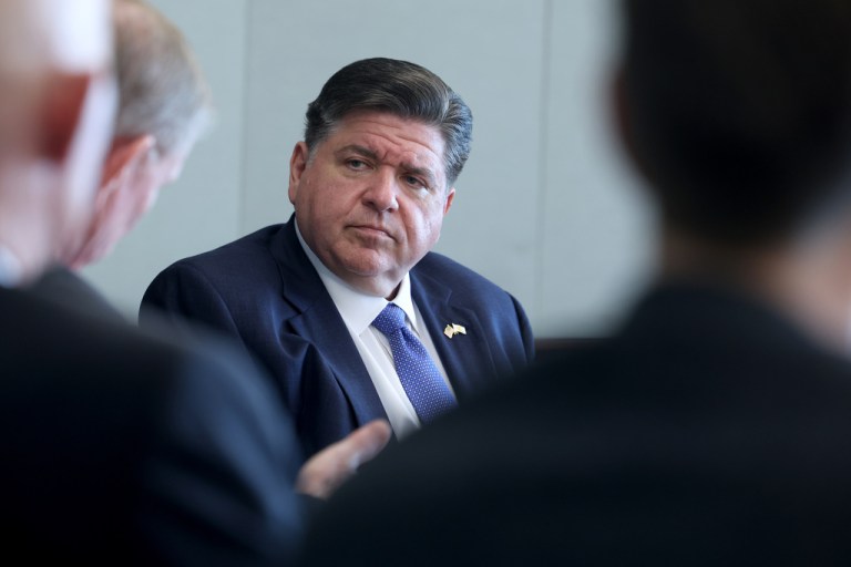 Illinois Gov. JB Pritzker, meets with former military generals and admirals in Chicago, Thursday, Oct. 16, 2025, (Antonio Perez/Chicago Tribune via AP, Pool)