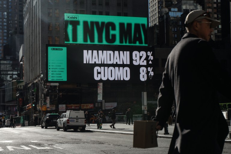 Advertisements by the company Kalshi predict a victory for Zohran Mamdani in the New York City mayoral election before the votes are counted and polls close on Tuesday, Nov. 4, 2025, in New York.