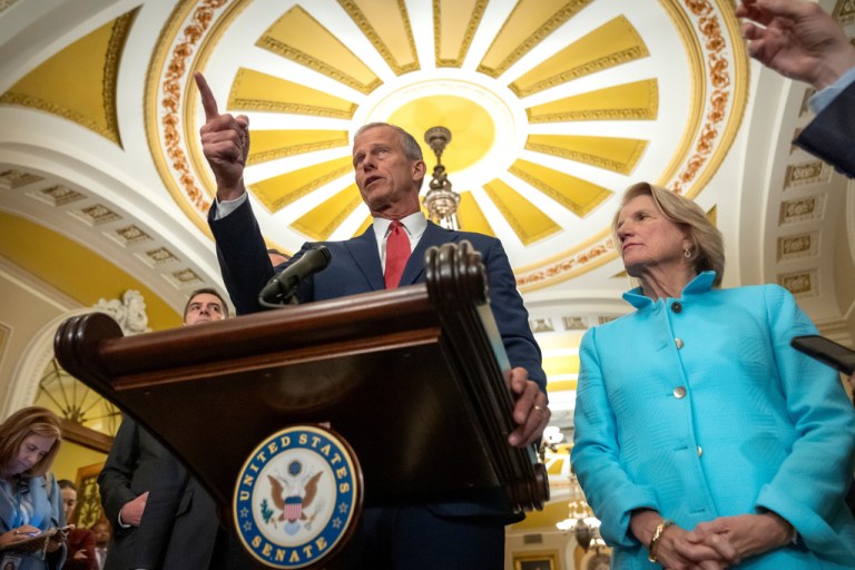 Senate Majority Leader John Thune, R-S.D., joined by Sen. Shelley Moore Capito, R-W.Va., right, speaks with reporters following a closed-door meeting of Senate Republicans on Capitol Hill, Tuesday, Nov. 4, 2025, in Washington