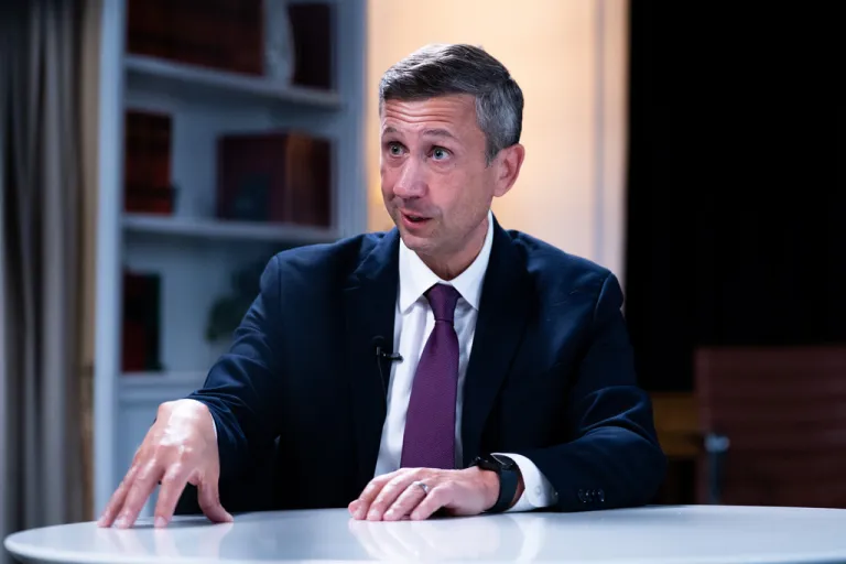 Democratic National Committee chair Ken Martin speaks during an interview with The Associated Press at DNC headquarters, Monday, Jan. 12, 2026, in Washington. (AP Photo/Allison Robbert)