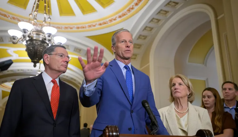 Senate Majority Leader John Thune, R-S.D., center, is joined by Sen. John Barrasso, R-Wyo., left, and Sen. Shelley Moore Capito, R-W.Va., right, during a news conference at the Capitol, Tuesday, Jan. 13, 2026, in Washington. (AP Photo/Rod Lamkey, Jr.)