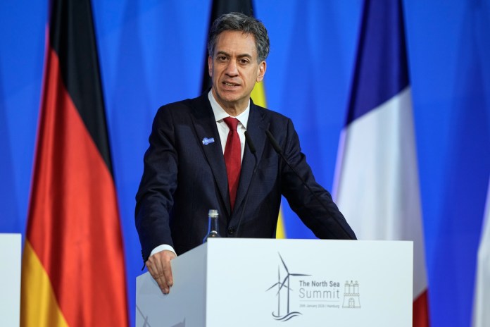 Ed Miliband, Britain's Secretary of State for Energy Security and Net Zero speaks after signing a declaration during the North Sea Summit in Hamburg, Germany, where the North Sea coastal states aim to strengthen cross-border cooperation in the expansion of offshore wind energy and hydrogen infrastructure on Monday, January 26, 2026.