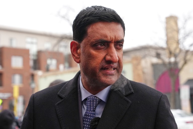 Rep. Ro Khanna, D-Calif., visits the scene where 37-year-old Alex Pretti was fatally shot by a U.S. Border Patrol officer over the weekend, Monday, Jan. 26, 2026, in Minneapolis. (AP Photo/Adam Gray)