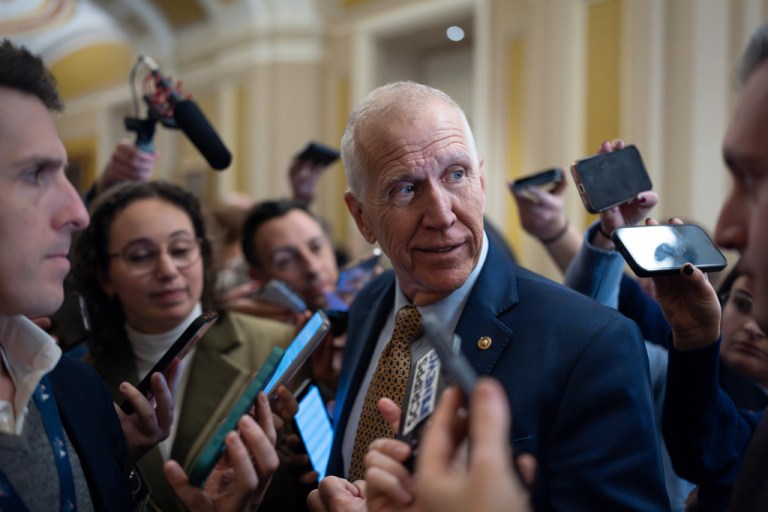 Sen. Thom Tillis, R-N.C., speaks with reporters following a closed-door meeting with fellow Republicans on spending legislation that funds the Department of Homeland Security and a swath of other government agencies, at the Capitol in Washington, Wednesday, Jan. 28, 2026.