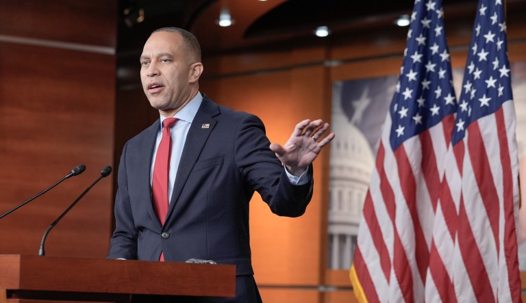 House Minority Leader Hakeem Jeffries (D-NY) speaks during a news conference on Capitol Hill.