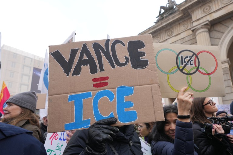 People take part in an anti-Immigration and Customs Enforcement demonstration, ahead of the 2026 Winter Olympics, in Milan, Italy.