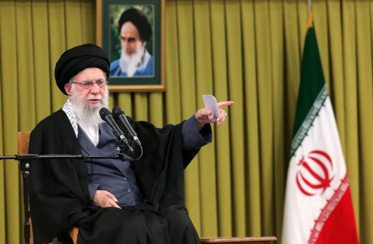 In this photo released by an official website of the office of the Iranian supreme leader, Supreme Leader Ayatollah Ali Khamenei speaks in a meeting, in Tehran, Iran, Sunday, Feb. 1, 2026. (Office of the Iranian Supreme Leader via AP)