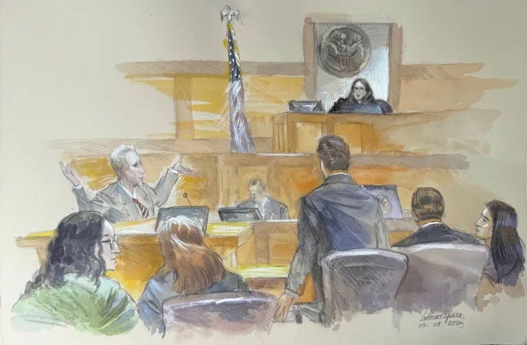 FILE - This courtroom sketch shows Ryan Routh, left, throwing his arms up directed at U.S. District Judge Aileen Cannon in frustration as jury selection begins in the trial of Routh, who is charged with attempting to assassinate Donald Trump last year at a golf course in South Florida, Monday, Sept. 8, 2025, in Fort Pierce, Fla. (Lothar Speer via AP, File)