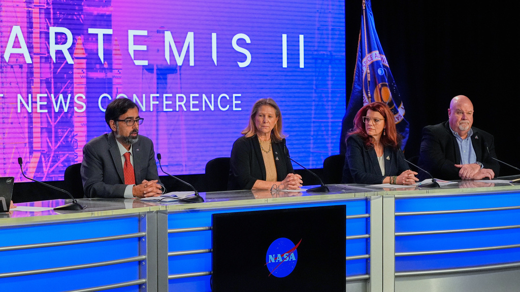 Artemis Mission Management team speaks during news conference after NASA's wet dress rehearsal for the Artemis II mission.