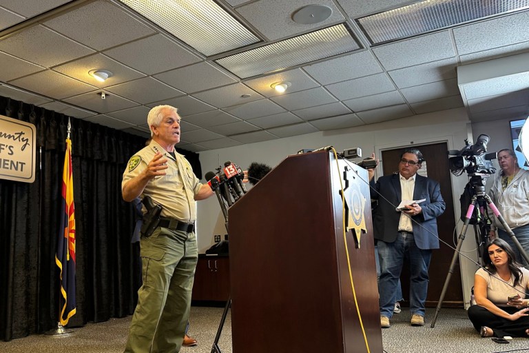 Pima County Sheriff Chris Nanos speaks at a news conference, Tuesday, Feb. 3, 2026, in Tucson, Ariz., to provide updates in the disappearance of Nancy Guthrie, the mother of “Today” show host Savannah Guthrie.