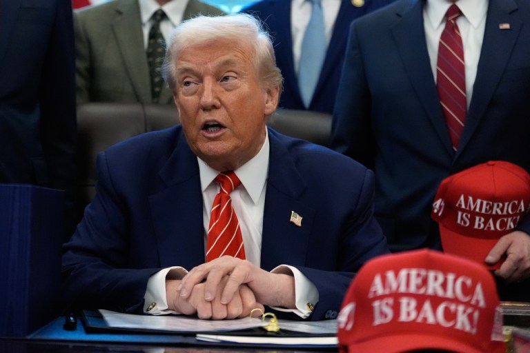 President Donald Trump speaks in the Oval Office of the White House, Tuesday, Feb. 3, 2026, in Washington, before signing a spending bill that will end a partial shutdown of the federal government.