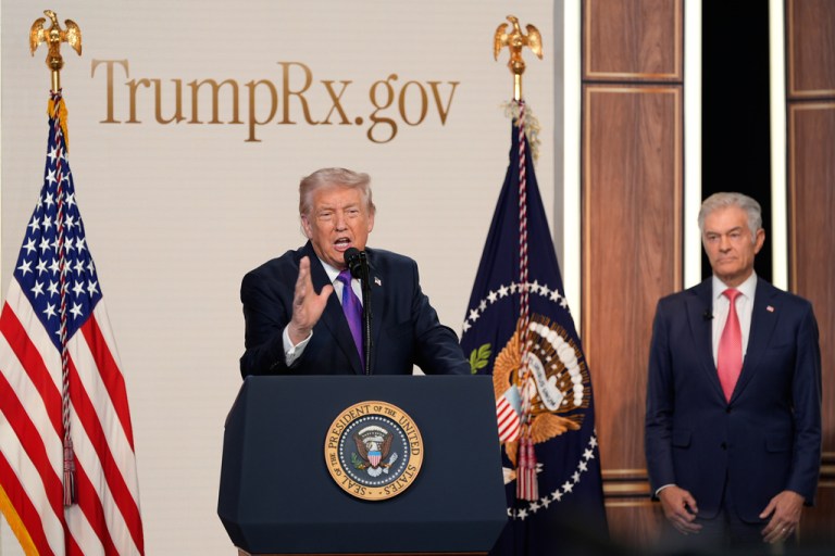 President Donald Trump speaks about TrumpRx in the South Court Auditorium in the Old Eisenhower Executive Office Building