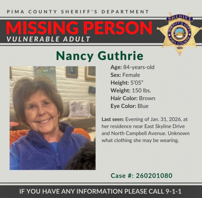 This image provided by the Pima County Sheriff's Department on Feb. 2, 2026, shows a missing person alert for Nancy Guthrie. (Pima County Sheriff's Department via AP, File)