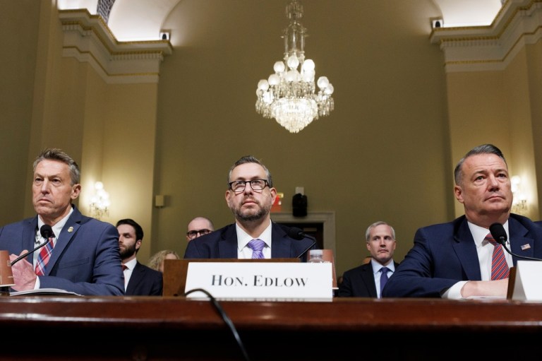 From left, Rodney Scott, commissioner of Customs and Border Protection, Joseph Edlow, director of U.S. Citizenship and Immigration Services and Todd Lyons, acting director of the Immigration and Customs Enforcement, testify during a House Committee on Homeland Security oversight hearing of the Department of Homeland Security: ICE CBP and USCIS, on Capitol Hill, Tuesday, Feb. 10, 2026, in Washington.