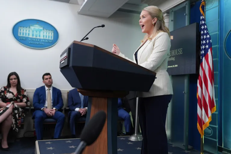 White House press secretary Karoline Leavitt speaks during a briefing at the White House on Tuesday, Feb. 10, 2026.