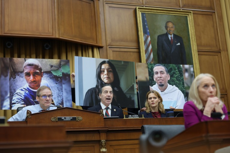 Rep. Jamie Raskin, D-Md., seated center, speaks as Attorney General Pam Bondi testifies before a House Judiciary Committee oversight hearing on Capitol Hill in Washington, Wednesday, Feb. 11, 2026, in Washington.