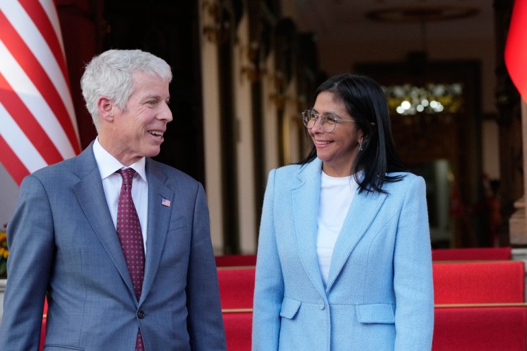 Venezuela's acting President Delcy Rodriguez bids farewell to U.S. Energy Secretary Chris Wright after their meeting at Miraflores Palace in Caracas, Venezuela, Wednesday, Feb. 11, 2026.