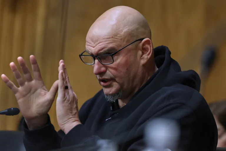 Sen. John Fetterman (D-PA) speaks during a Senate homeland committee hearing on Capitol Hill in Washington.