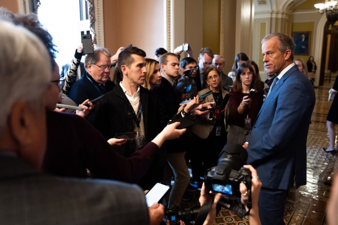 Senate Majority Leader John Thune (R-SD) speaks to members of the media.