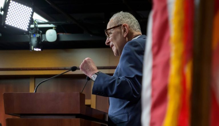 Senate Minority Leader Charles Schumer, D-N.Y., speaks during a news conference at the Capitol, Thursday, Feb., 12, 2026, in Washington. (AP Photo/Rod Lamkey, Jr.)