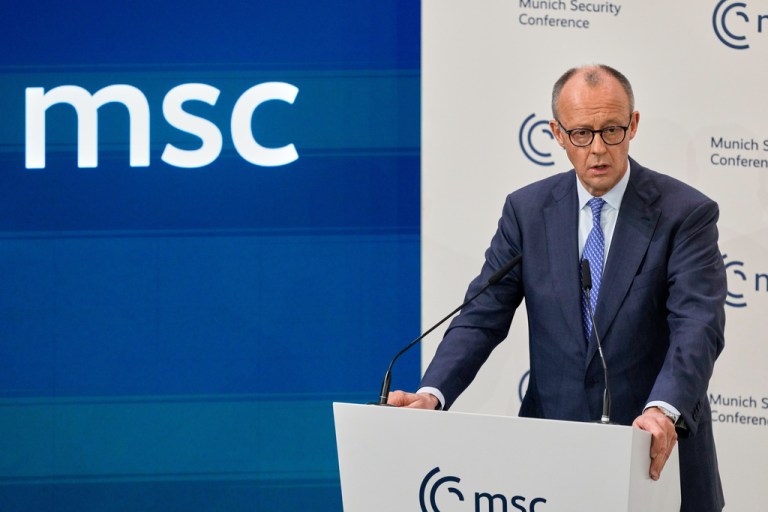 Germany's Chancellor Friedrich Merz addresses the audience during the Munich Security Conference in Munich, Germany, Friday, Feb. 13, 2026.