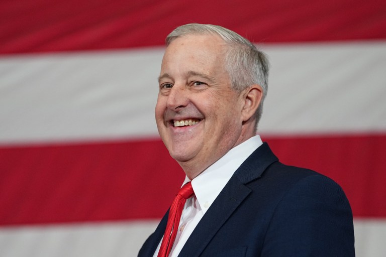 Michael Whatley smiles as President Donald Trump speaks to soldiers and their families at Fort Bragg, N.C., Friday, Feb. 13, 2026. (AP Photo/Matt Rourke)