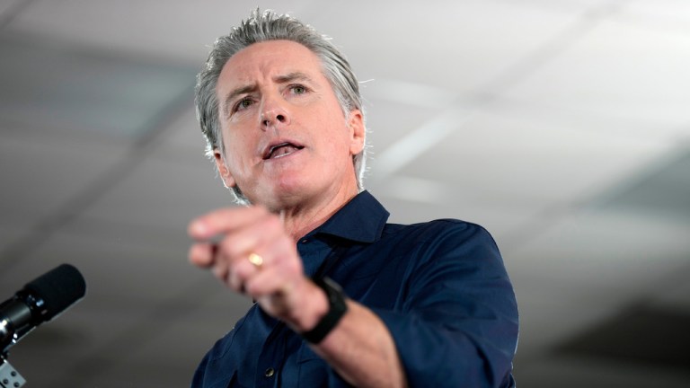 FILE - California Gov. Gavin Newsom speaks during a rally with Harris County Democrats at the IBEW local 716 union hall Nov. 8, 2025, in Houston. (AP Photo/Karen Warren, File)