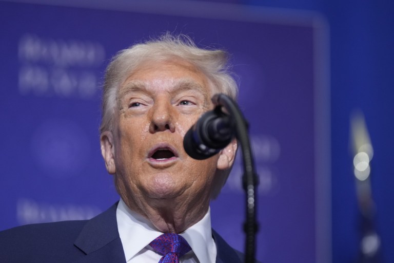 President Donald Trump speaks during a Board of Peace meeting at the U.S. Institute of Peace, Thursday, Feb. 19, 2026, in Washington.