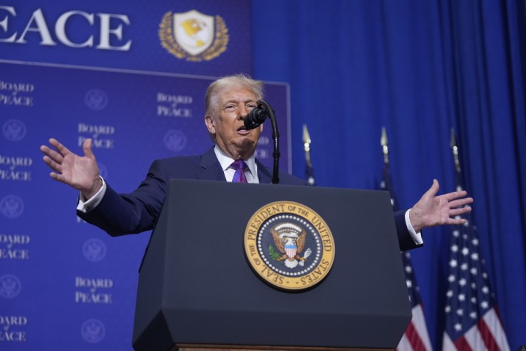President Donald Trump said Thursday that the United States $10 billion toward the Gaza Board of Peace, after previously suggesting his administration would contribute $1 billion to the post-October 7 War rebuilding effort. (AP Photo/Mark Schiefelbein)
