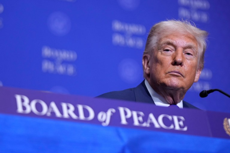 President Donald Trump convened a meeting of the Gaza Board of Peace Thursday in Washington, D.C., even as the U.S. prepares for a potential war with Iran. (AP Photo/Mark Schiefelbein)