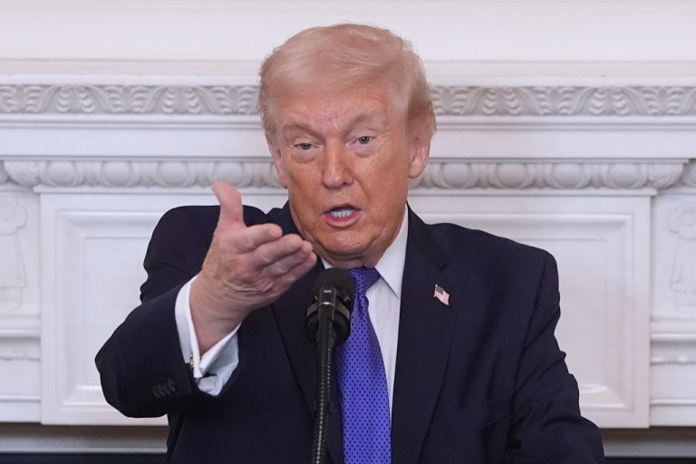 President Donald Trump speaks during a breakfast with the National Governors Association in the State Dining Room of the White House, Friday, Feb. 20, 2026, in Washington.