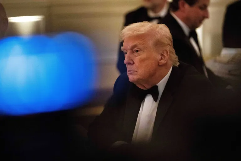 President Donald Trump attends the National Governors Association dinner at the White House, Saturday, Feb. 21, 2026, in Washington. (AP Photo/Allison Robbert)