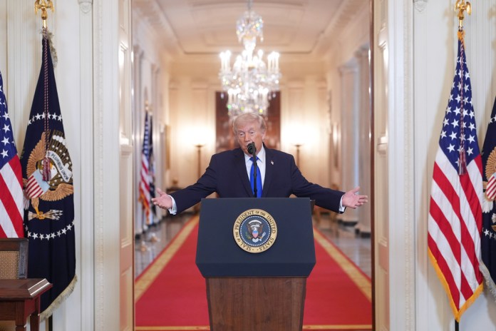 President Donald Trump speaks during an event in the East Room of the White House, Monday, Feb. 23, 2026, in Washington