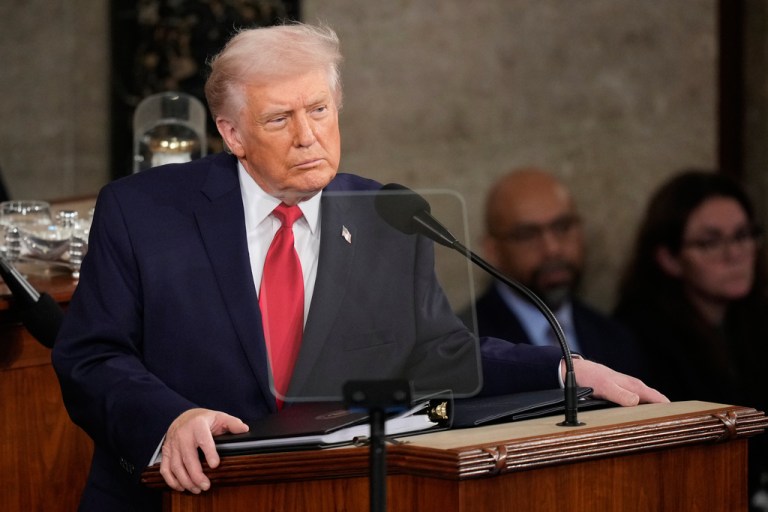 President Donald Trump delivers the State of the Union address to a joint session of Congress in the House chamber at the U.S. Capitol in Washington, Tuesday, Feb. 24, 2026. (AP Photo/Alex Brandon)