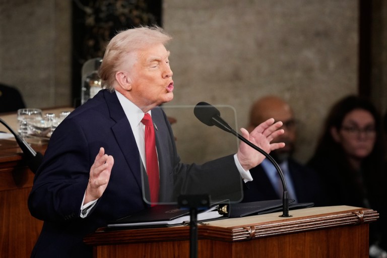 President Donald Trump delivers his State of the Union address to a joint session of Congress in the House chamber at the U.S. Capitol in Washington, Tuesday, Feb. 24, 2026.